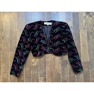 Women's Cline-Kolarek Black Velvet Cropped Blazer Jacket Embroidered Lined Sz S